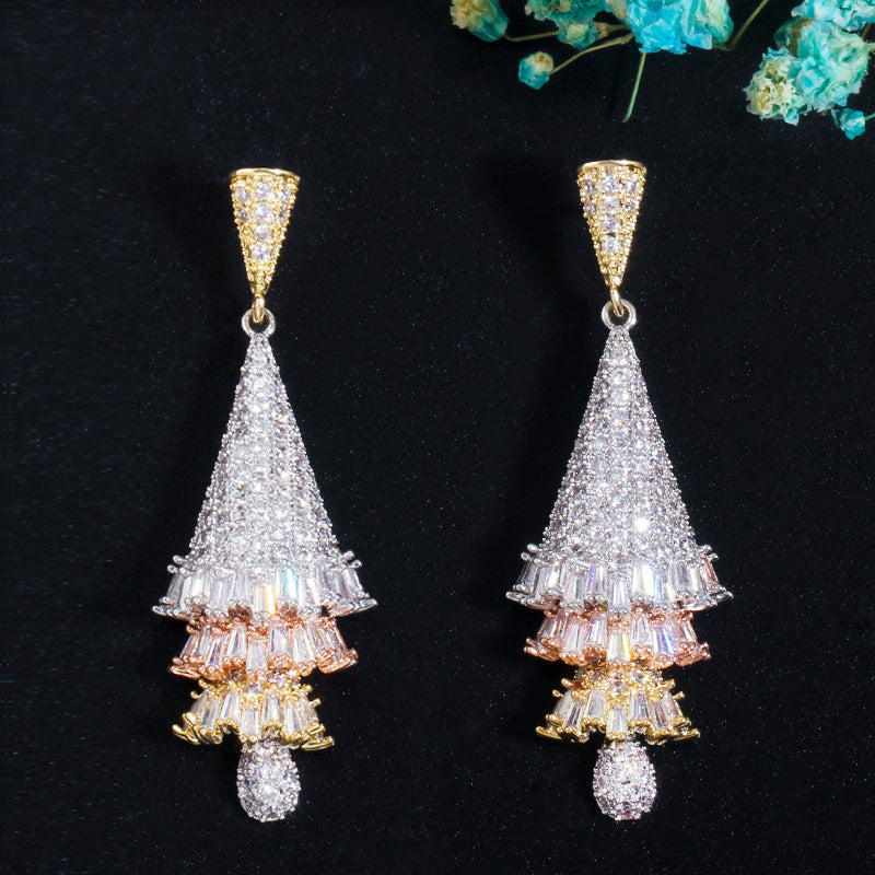 Guangzhou Popular Accessories - European-style Micro-Inset Zirconia Three-Color Crafted Three-Dimensional Skirt Earrings Christmas Tree Earrings Manufacturer