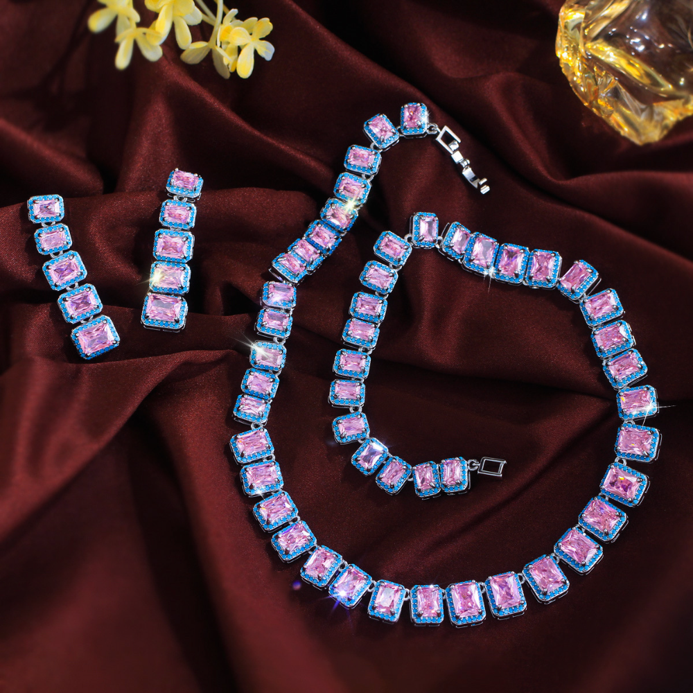 French-style luxurious jewelry necklace earrings set - Pink zirconia ultra-bright evening gown wedding dress bridal accessory chain set