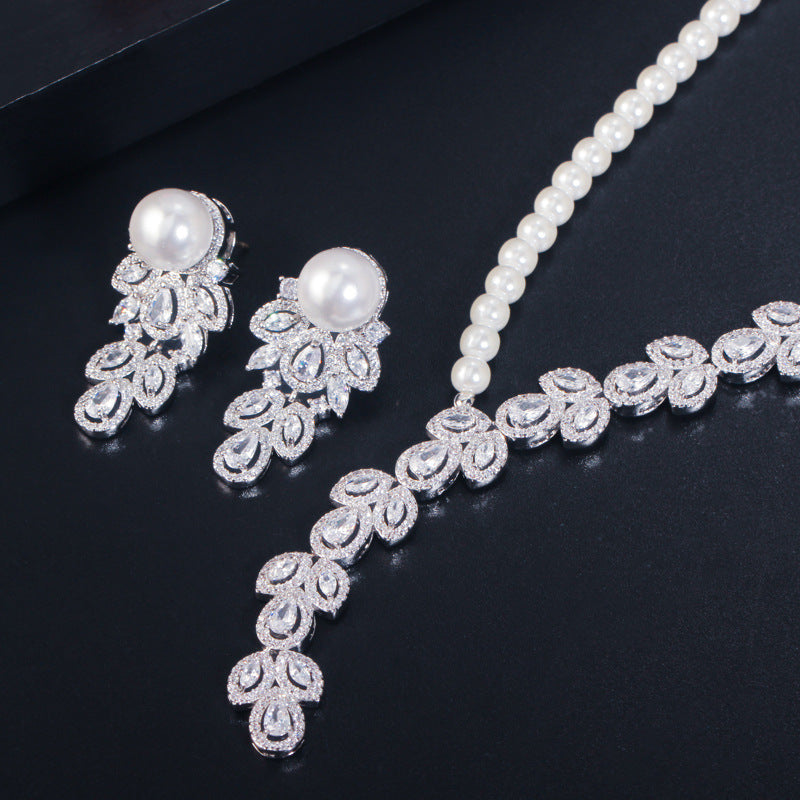 Cross-border best-selling Japanese and Korean-style artificial pearl and zirconia necklace and earring set - bridal set accessories