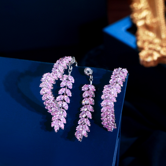 Luxury soft-pink heart-shaped earrings with interchangeable designs featuring high-end zirconia stones Versatile and extremely shiny wheat-shaped heart-shaped earrings