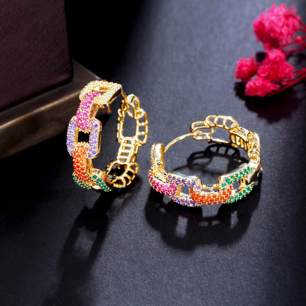 French-style rainbow hoop earrings with colorful zirconia stones small red book Douyin influencer gradient color chain ear ring accessory