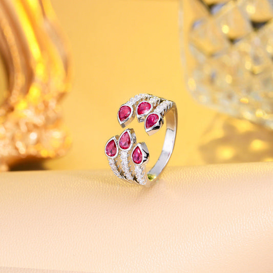 Japanese and Korean sweet waterdrop ruby ring with tiny inlaid zircons a unique design with a high-end touch a three-row handpiece ring