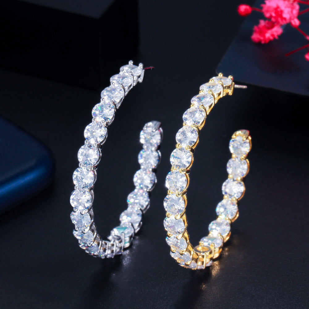S925 pure silver needle fashion zirconia earrings with large round ear hooks cool style suitable for girls simple and elegant Korean-style earrings