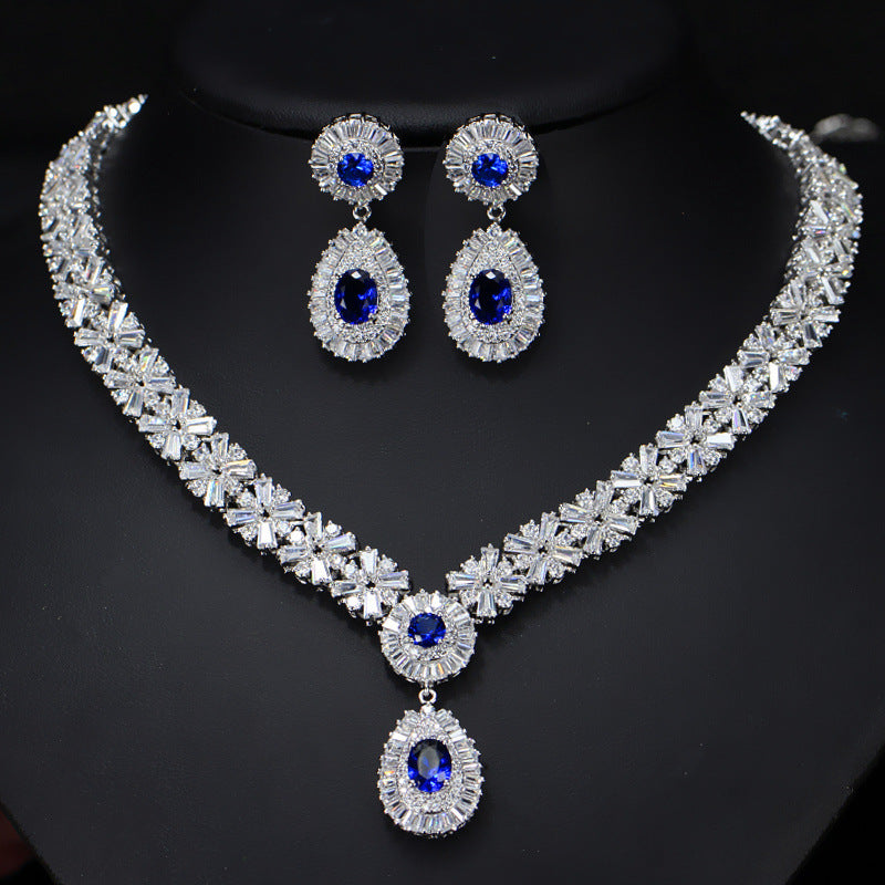 Bride's banquet set - Pure handcrafted copper necklace set with AAA quality zirconia stones - Simple and elegant style