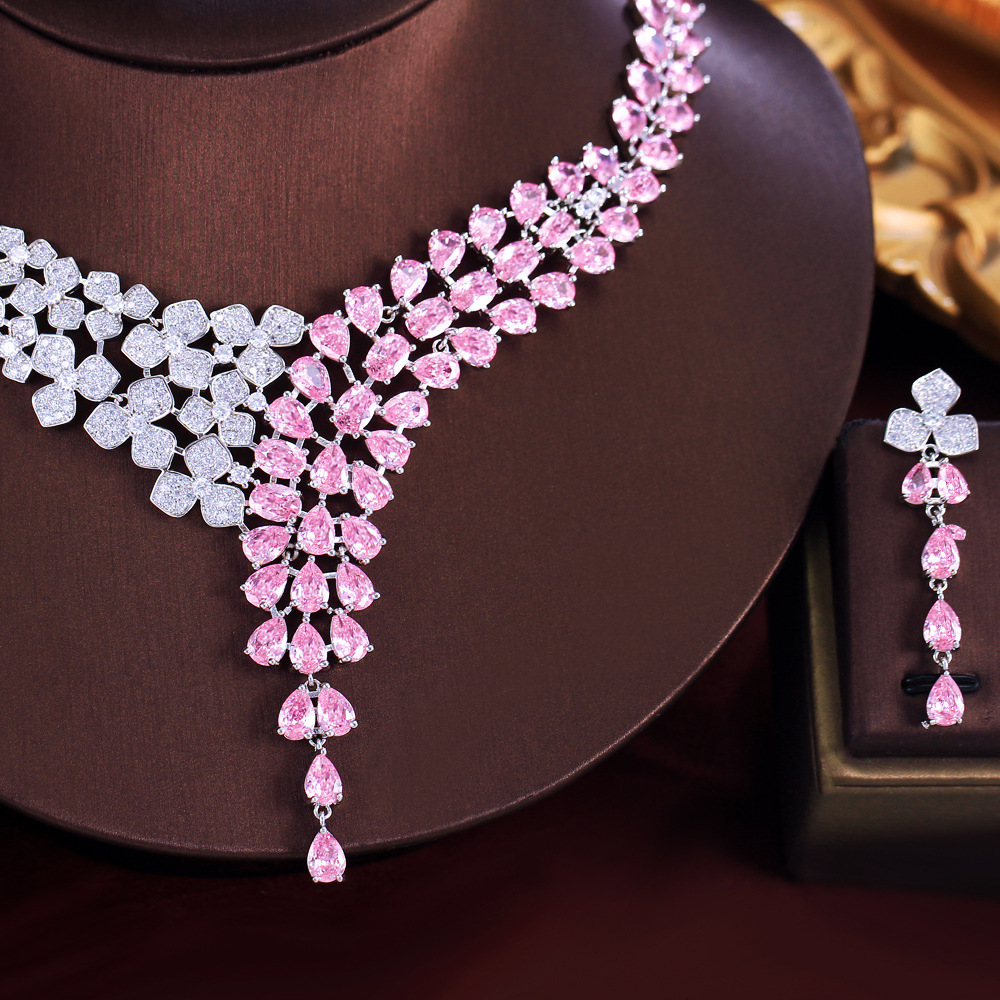Design-inspired princess pink full-diamond flower necklace and earrings set court-style zircon bracelet evening gown accessories set