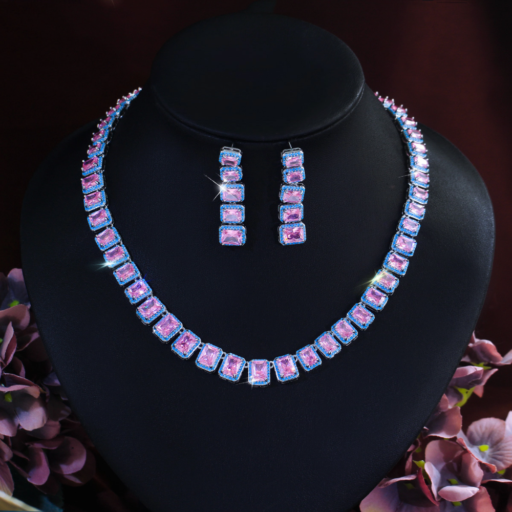 French-style luxurious jewelry necklace earrings set - Pink zirconia ultra-bright evening gown wedding dress bridal accessory chain set