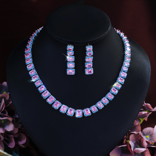 French-style luxurious jewelry necklace earrings set - Pink zirconia ultra-bright evening gown wedding dress bridal accessory chain set