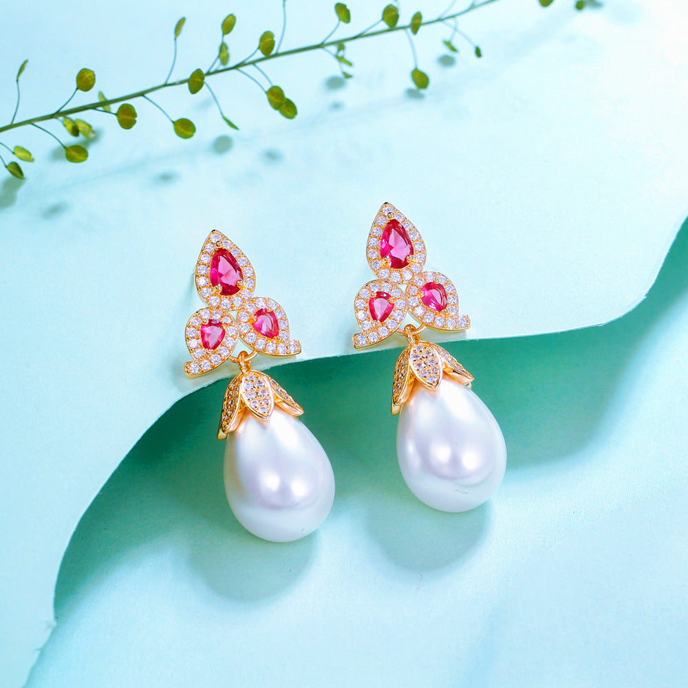 S925 silver needle luxury retro pearl teardrop earrings Chinese trend-themed niche micro-set zircon and pearl earrings accessory