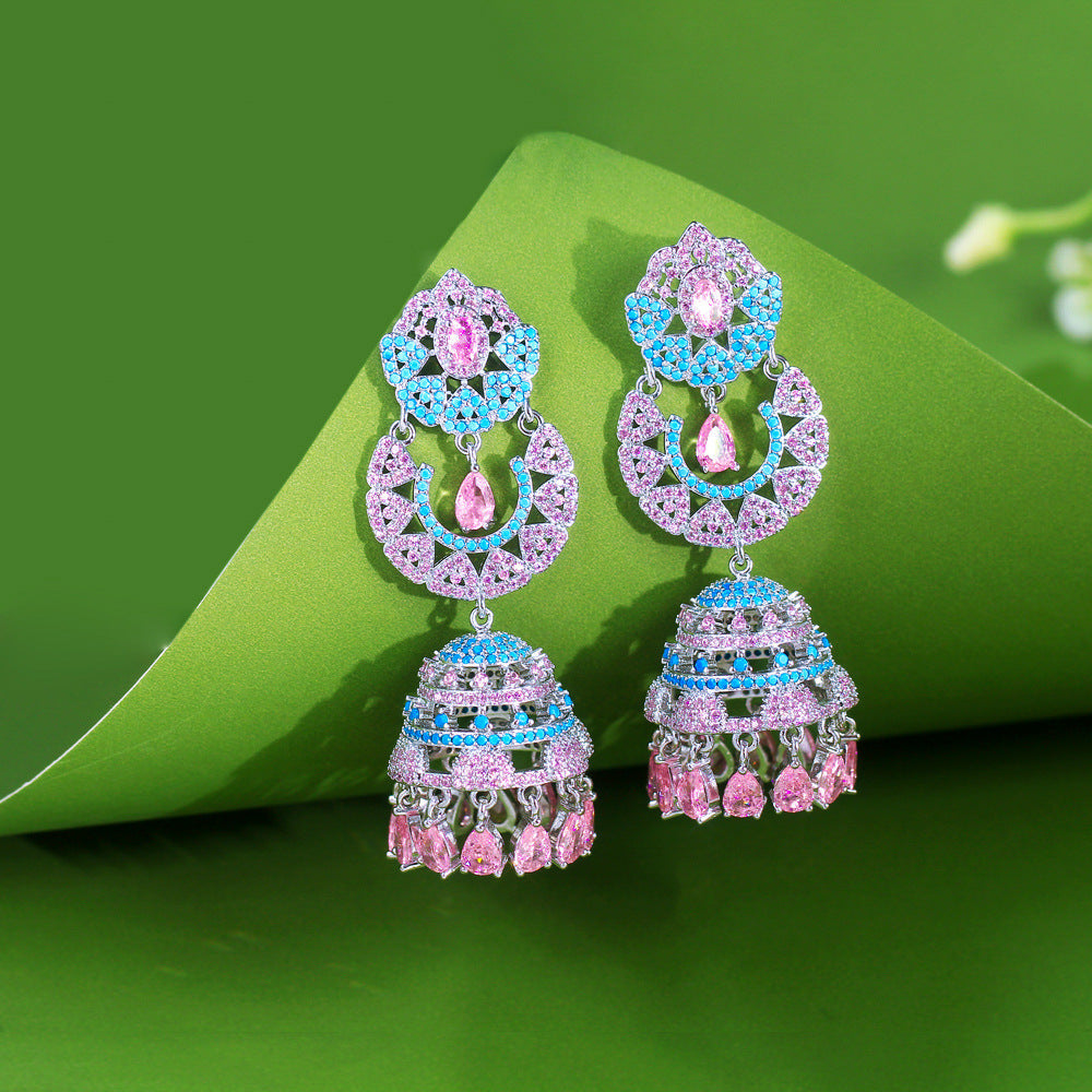 S925 silver needle luxury glittering with full diamonds heavy-weight three-dimensional wind chime long-style ear pendant with micro-set colored zircon bells earrings accessory