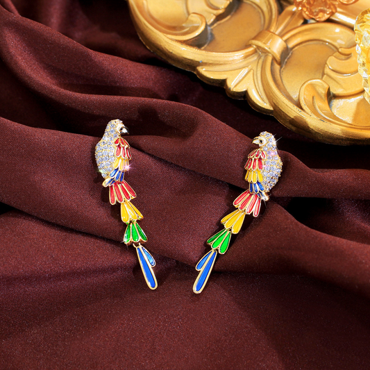 Vintage antique jewelry - Retro light luxury court style colorful parrot-shaped earrings with drooping drops and long bird-shaped ear pendants