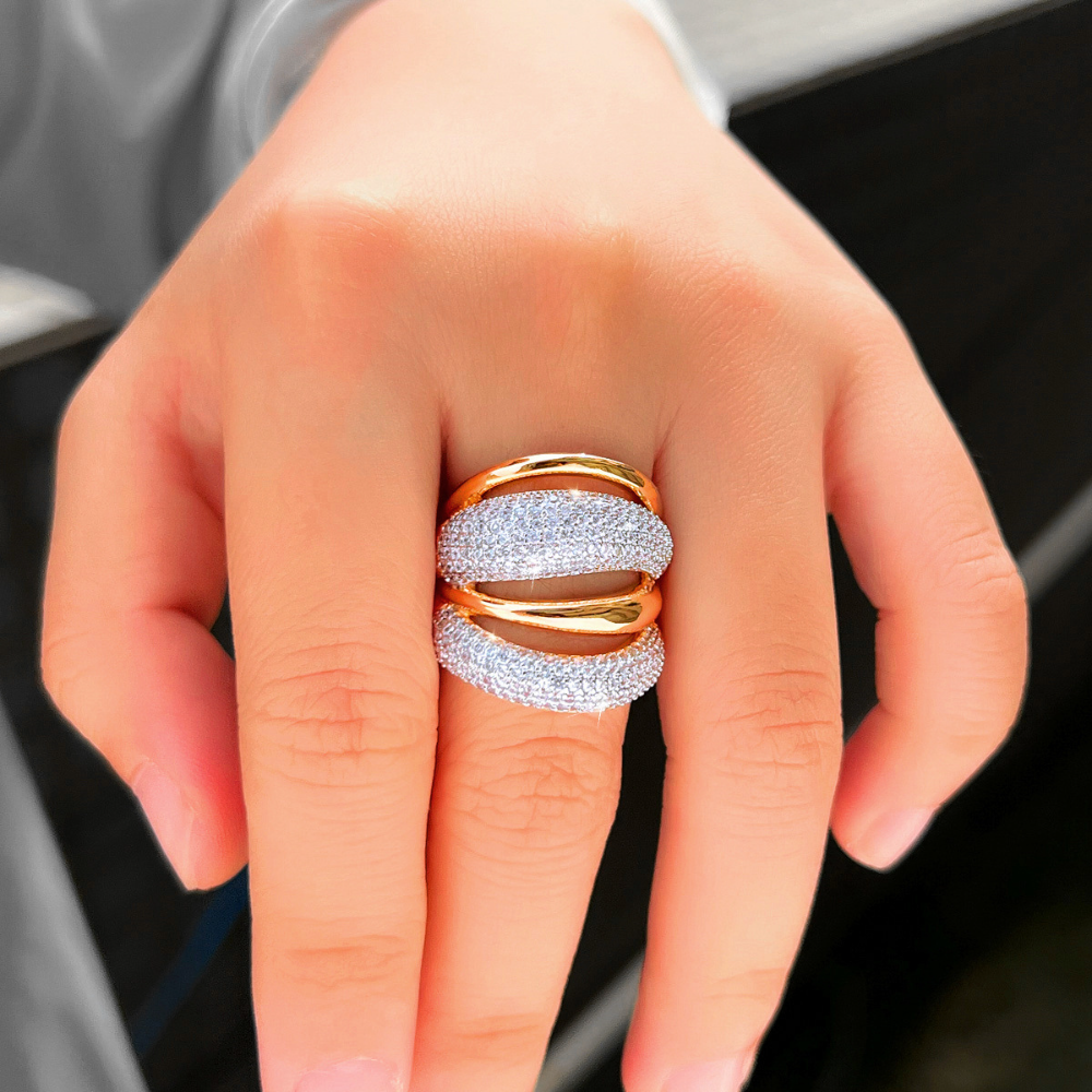 European and American niche luxury copper-plated two-tone 18K gold zirconia geometric opening ring for women fashionable hip and unique finger jewelry