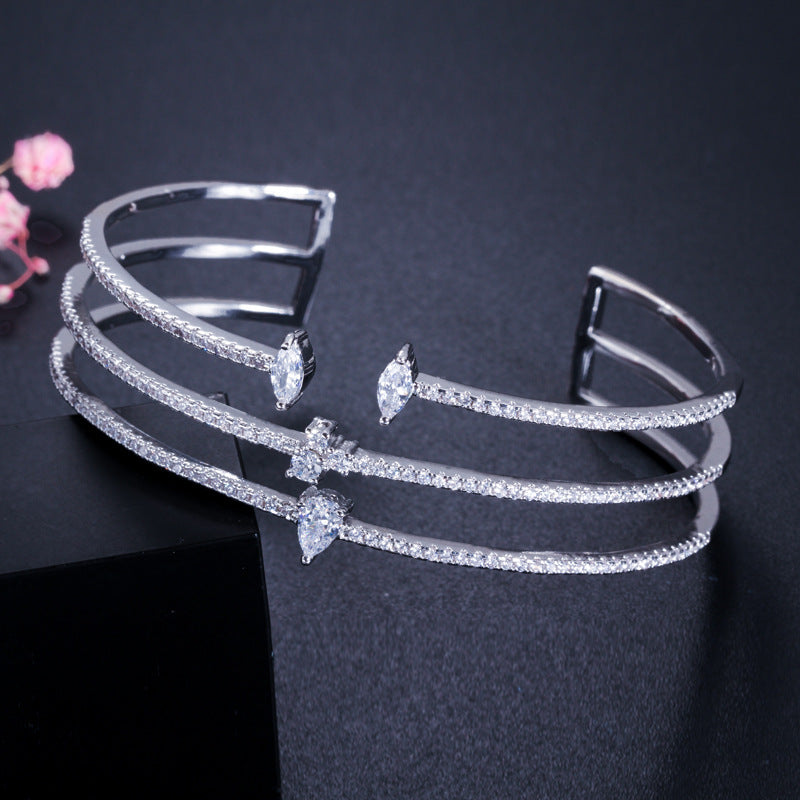 Best-selling three-row micro-set zirconia open bracelet ring, eco-friendly copper electroplated 18K gold