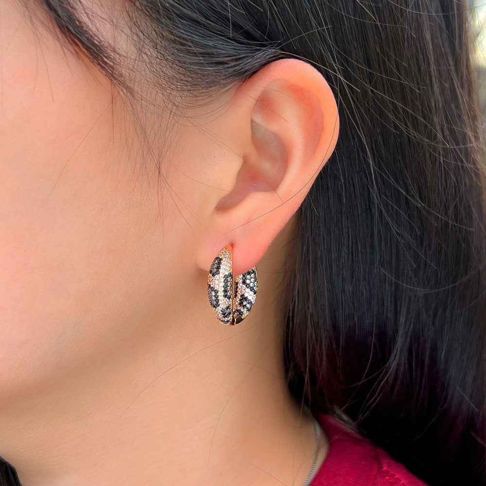 European and American style personalized light luxury snake pattern and leopard pattern micro-set zirconia ear studs in two-color electroplating with full-diamond embellishments double-color electroplated ear jewelry