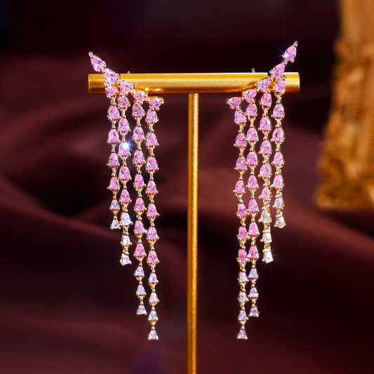 French-style minimalist long-style fringed pink diamond earrings for an ultra-bright zirconia evening gown fashion show zirconia ear pendants jewelry