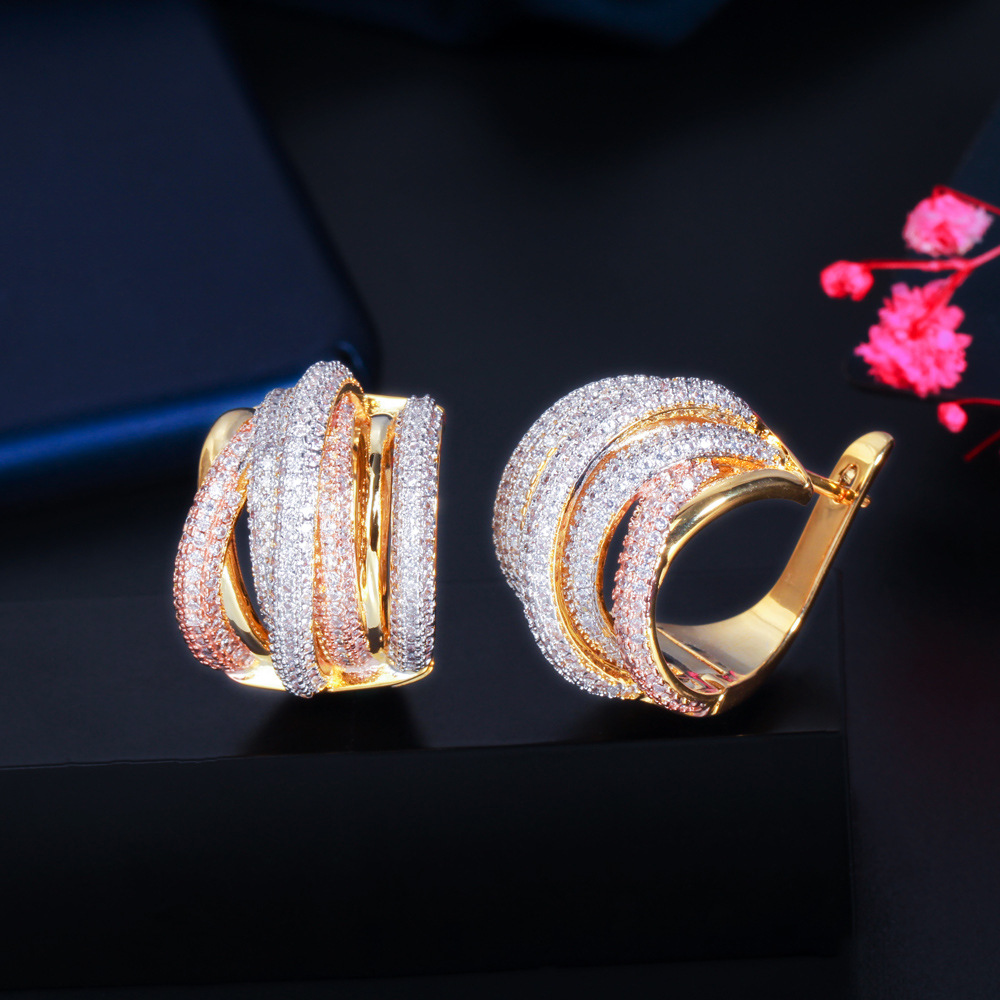 Best-selling earrings - three-color electroplated with tiny-set zirconia - eye-catching earrings with ear clasps