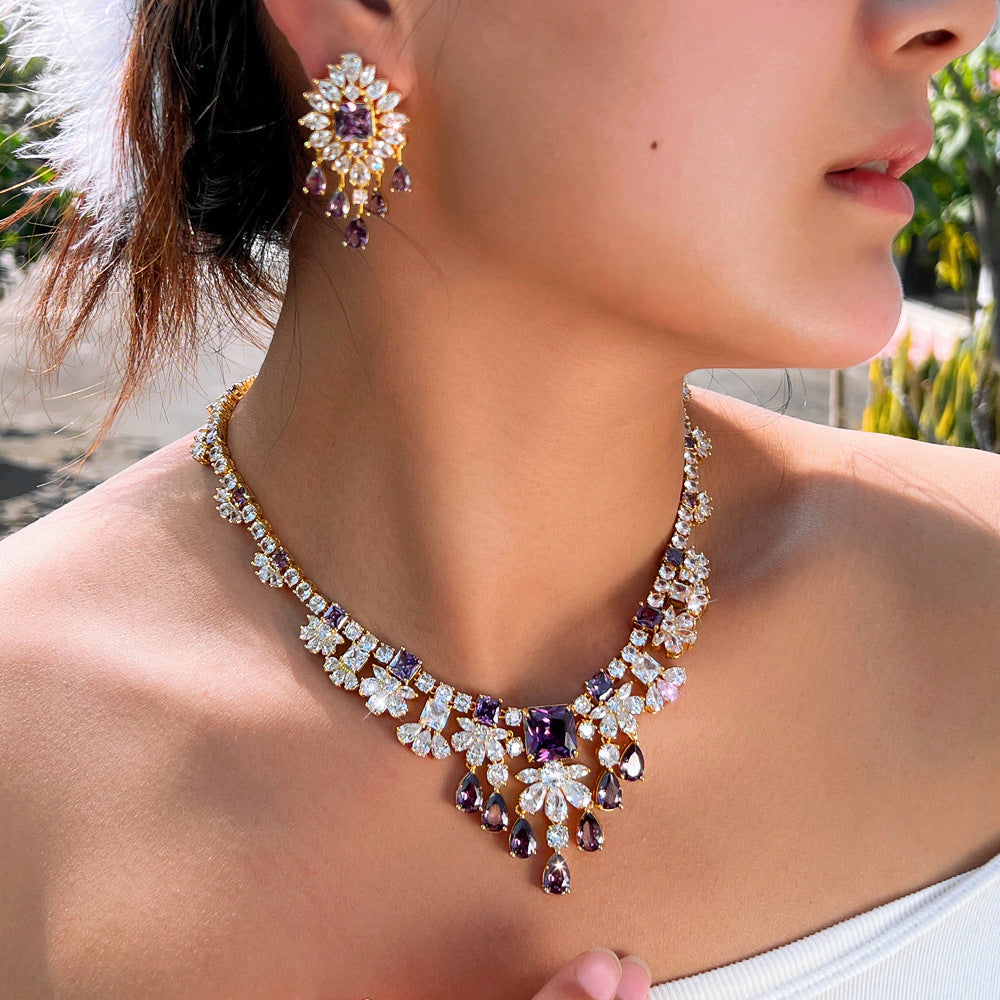 European-style bride jewelry - two-piece set of zirconia diamond-filled elegant necklace and earrings formal evening accessory set matching chain