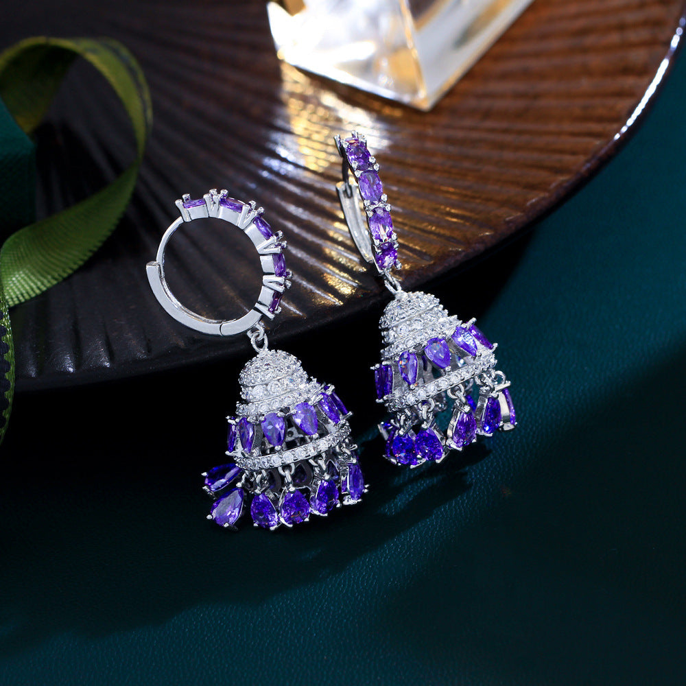High-end luxurious and elegant purple heavy-weight court-style ear ornament featuring full-set of zirconia-studded water-drop-shaped three-dimensional bells as ear clasps and earrings