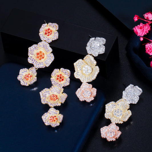 Korean style fashionable zircon long-stemmed three-dimensional flower S925 silver stud earrings in three colors - rose flower earrings accessory