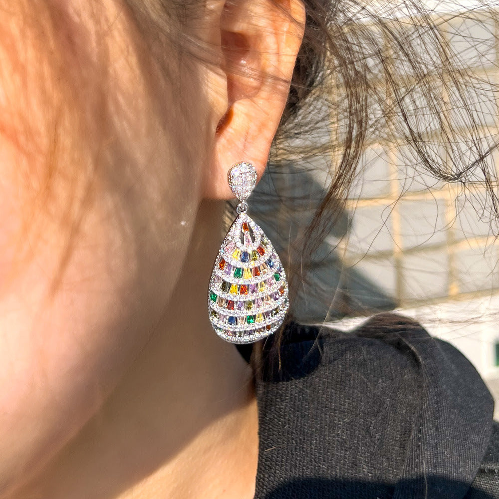 Fashion Heavyweight Elegant Colorful Gemstone Three-Dimensional Earrings Slimming Effect Slightly Set-in Zirconia Hollow Ear Accessories