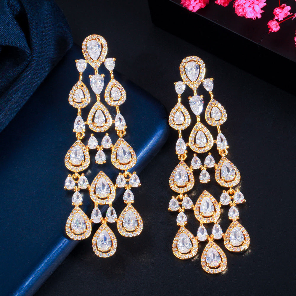 European and American fashion-style fringed earrings banquet-length elegant copper micro-set zirconia earrings accessory for clothing and decoration