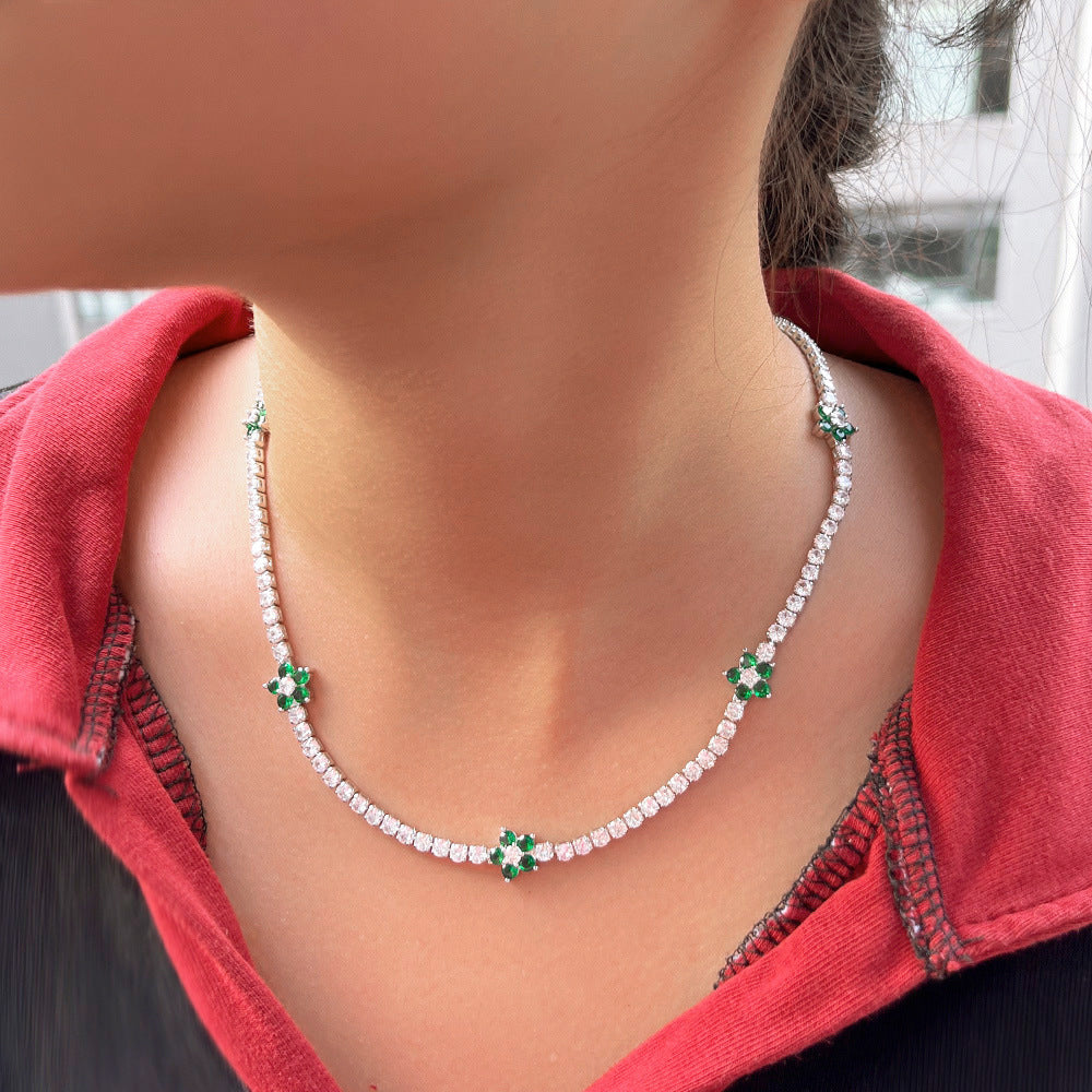 Ins-style niche and minimalist luxury jewelry featuring micro-set zirconia and full-diamond flowers A tennis bracelet necklace with small flowers