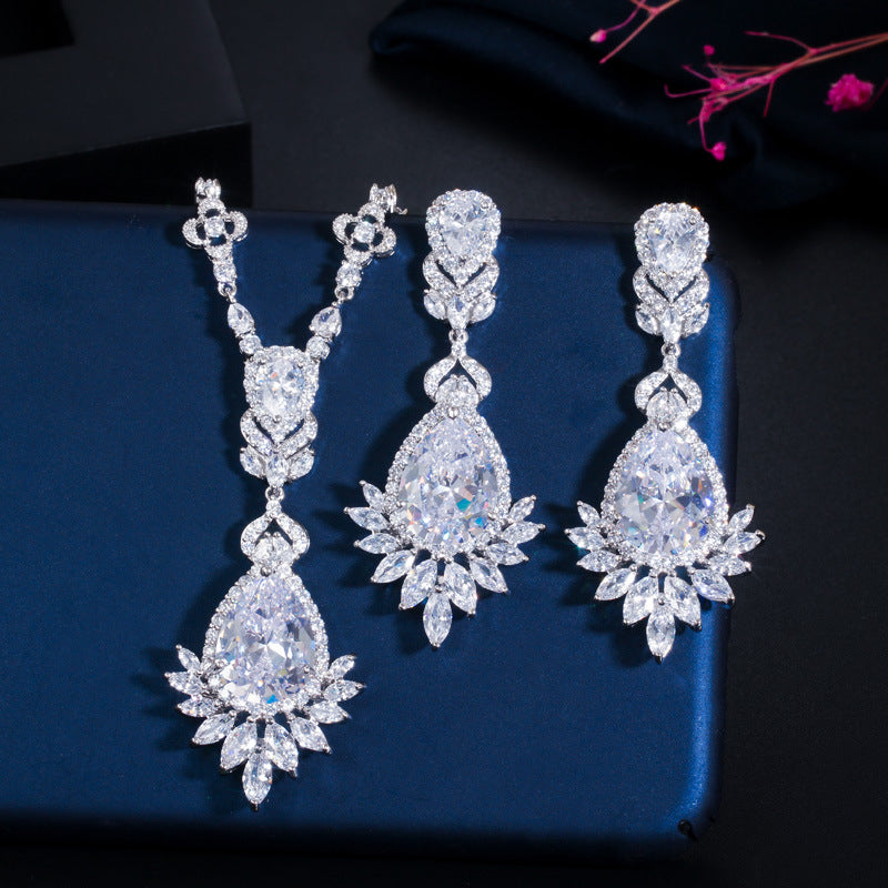 New bride's wedding dress zircon bracelet wedding jewelry necklace earrings two-piece set
