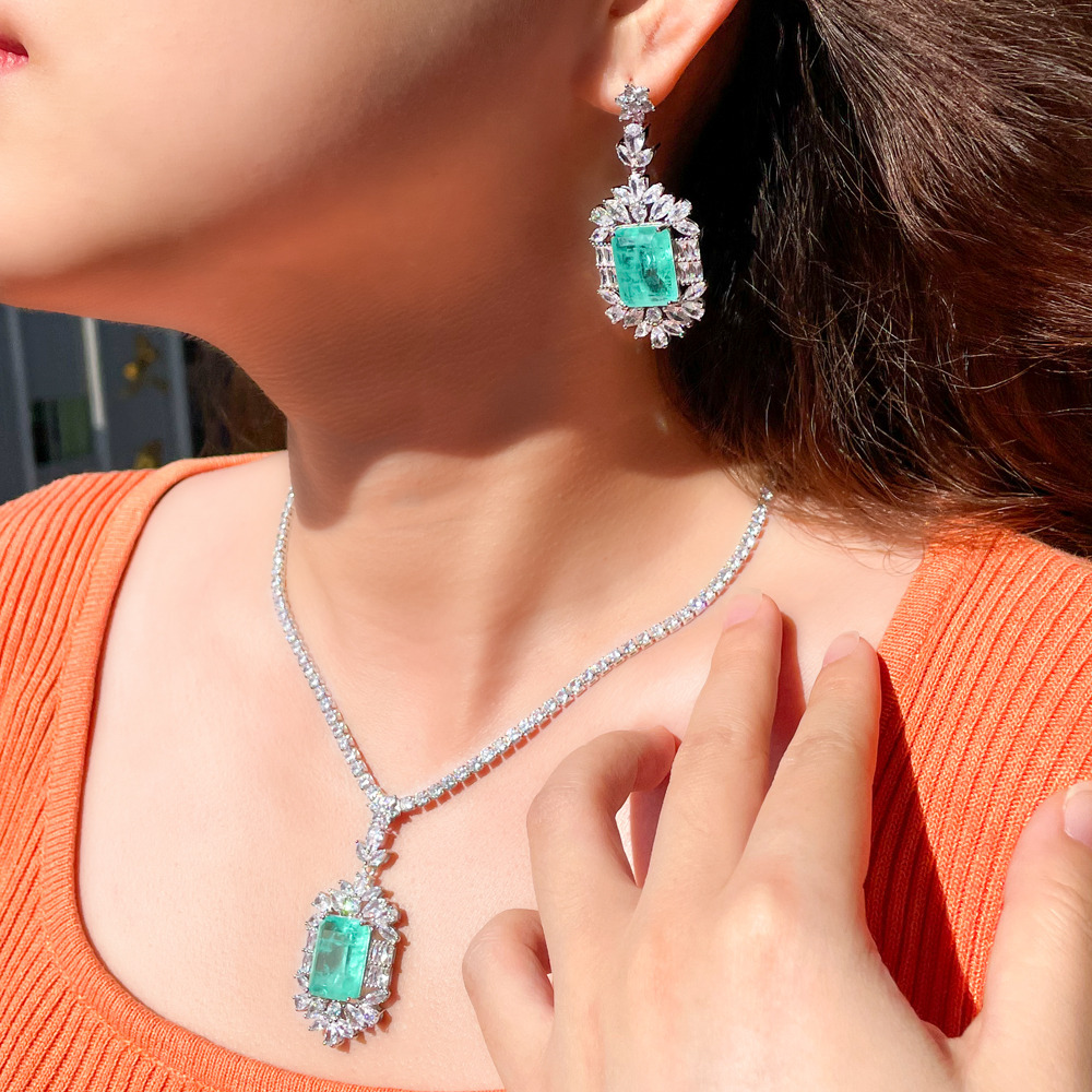 Best-selling sea-blue imitation paraguiaba tourmaline women's necklace pendant earrings set as formal dress accessories