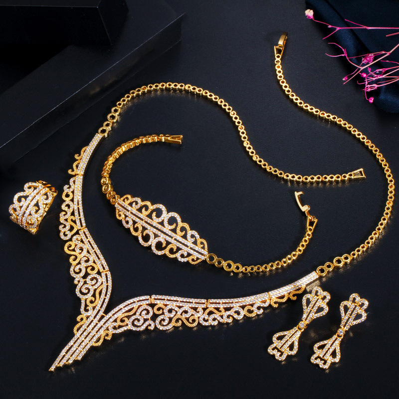 New European and American style set jewelry batch electroplated with K gold necklace earrings bracelet and ring set