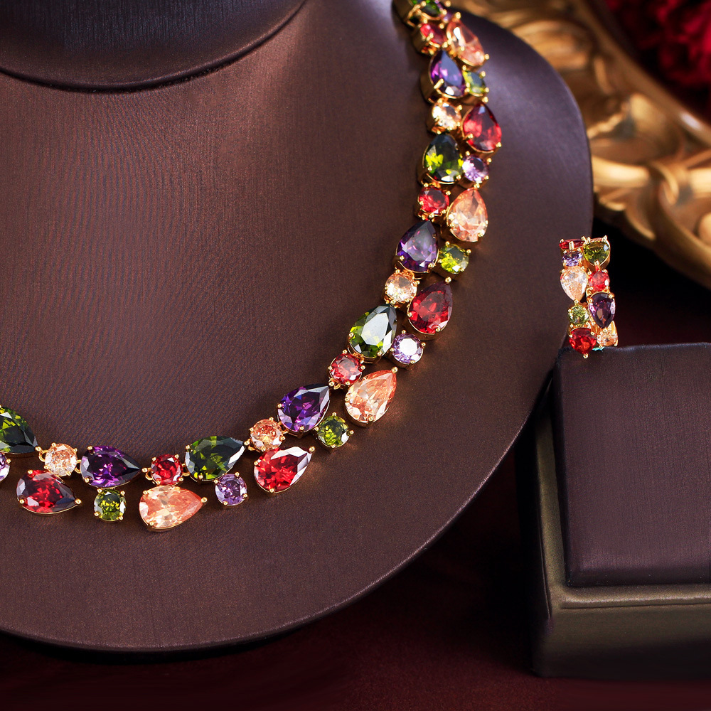 European and American luxurious zircon water-drop Mona Lisa necklace set for formal event dress colorful water-drop earrings and necklace set
