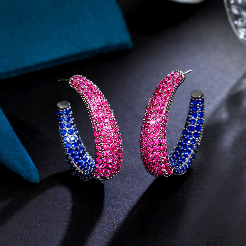 S925 silver needle European luxury exaggerated and grand circular ear stud earrings with black zirconium gemstone inlay, ear jewelry C-shaped earrings