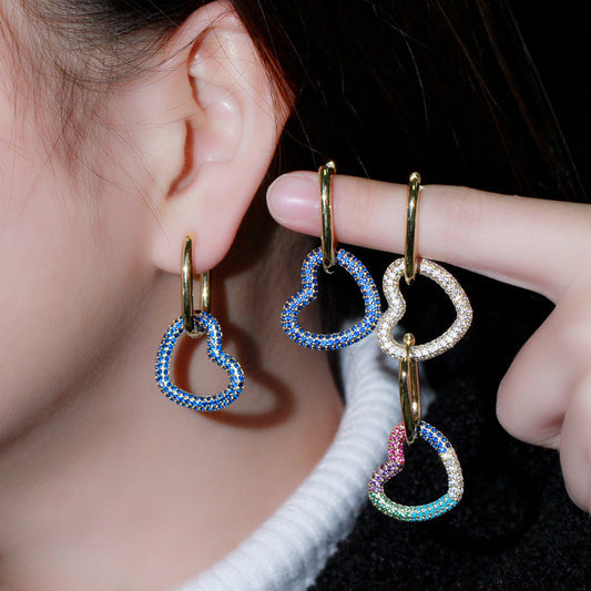 New style personalized double-ring heart-shaped earrings with embedded colorful zircons, trendy hip-hop style earrings