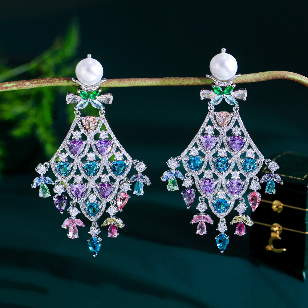 Fashionable luxury color zircon pendant earrings with fan-shaped fringes Long dress style 925 silver needle evening party earrings and accessories