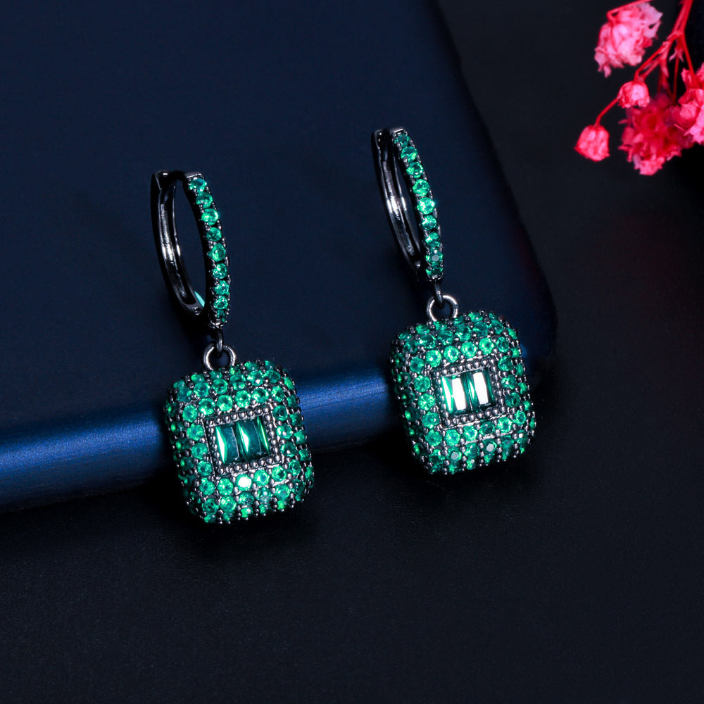 European and American popular square emerald gemstone micro-set zirconia earrings featuring a fashionable elliptical-shaped ear hook as the earpiece accessory