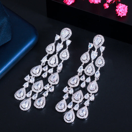 European and American fashion-style fringed earrings banquet-length elegant copper micro-set zirconia earrings accessory for clothing and decoration
