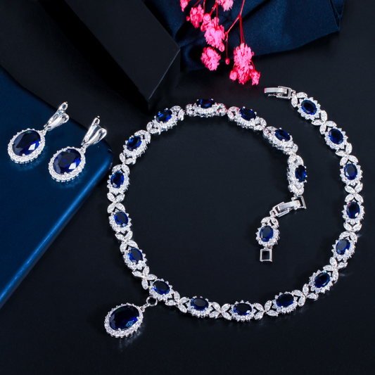 European and American fashionable bridal sapphire earrings and necklace set chain AAA zircon jewelry evening wedding dress accessories