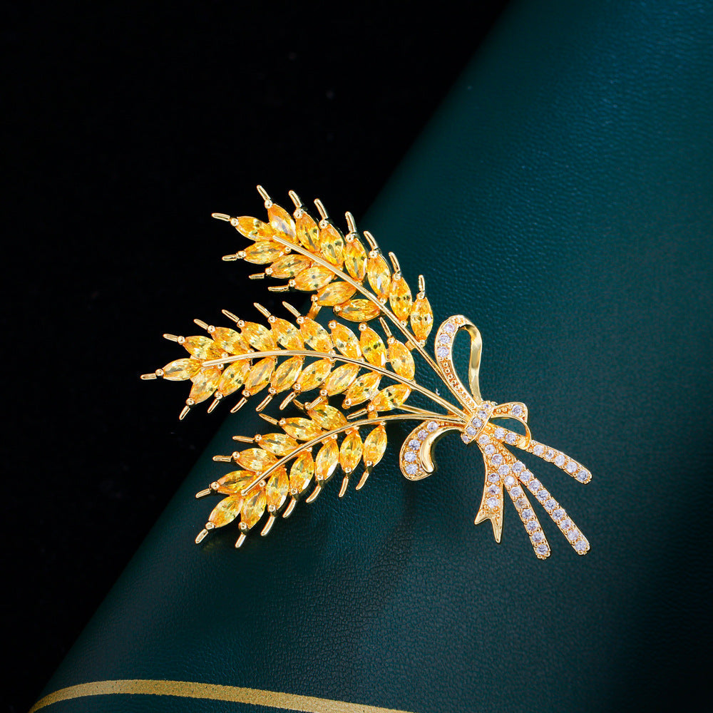 Korean fashion luxury gold-filled diamond-studded wheat ear brooch for formal dress coat overcoat jacket accessory corsage zircon pin