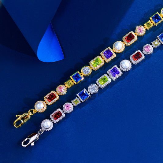 European and American high-end casual colored zirconia bracelethip-hop stylemen's and women's versiontrendy shell and pearl inlaid with diamonds rainbow style jewelry accessory