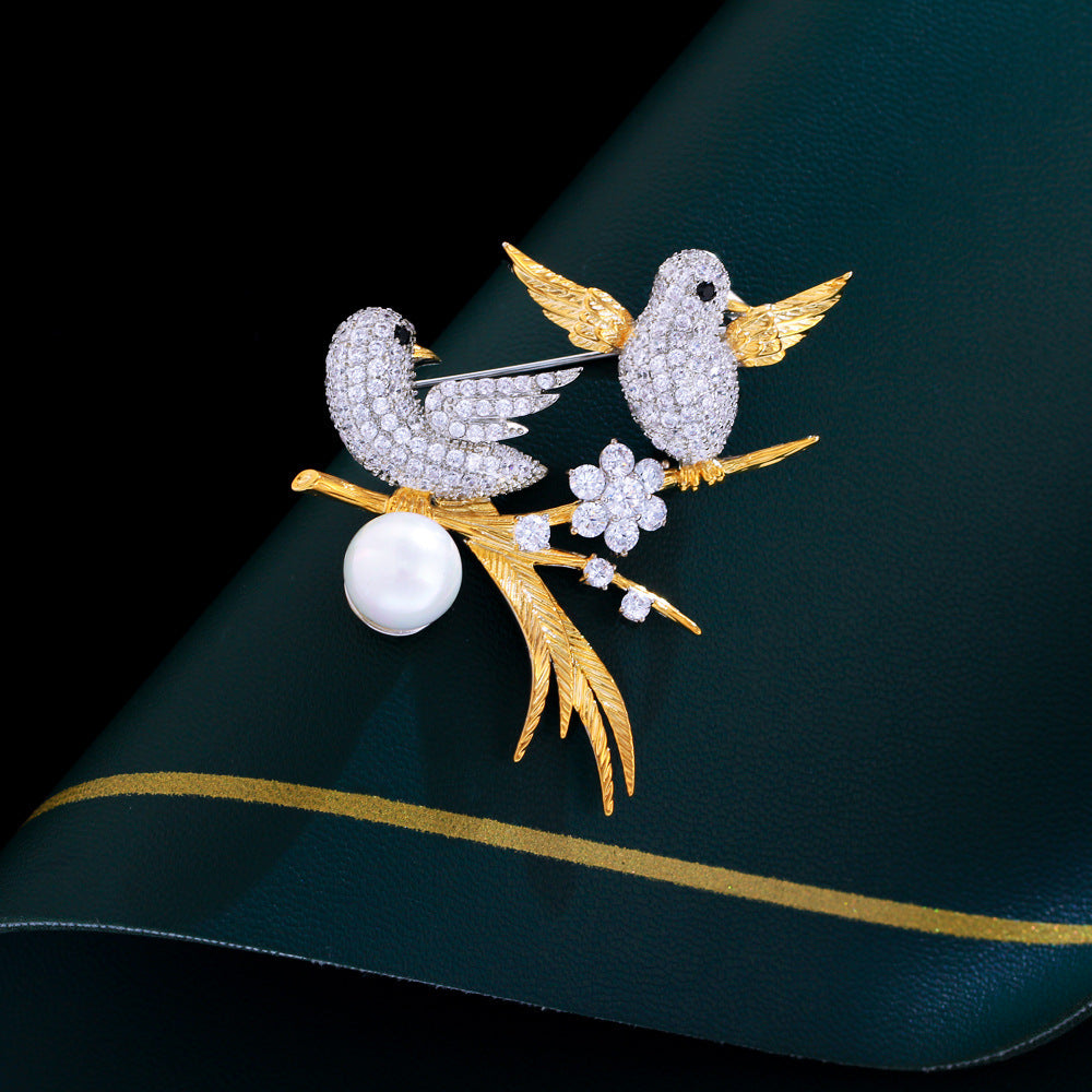 Korean version of luxury light-style double auspicious crows goldfinch gold-plated designer lady's style corsage for formal dress accessories pin and brooch
