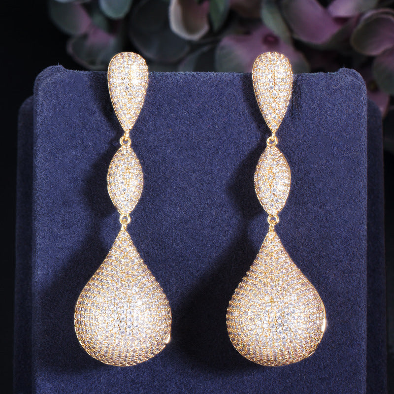Micro-set zirconia earrings copper-plated with three-color full diamonds irregular long style elegant ear pendants