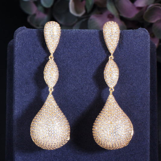 Micro-set zirconia earrings copper-plated with three-color full diamonds irregular long style elegant ear pendants