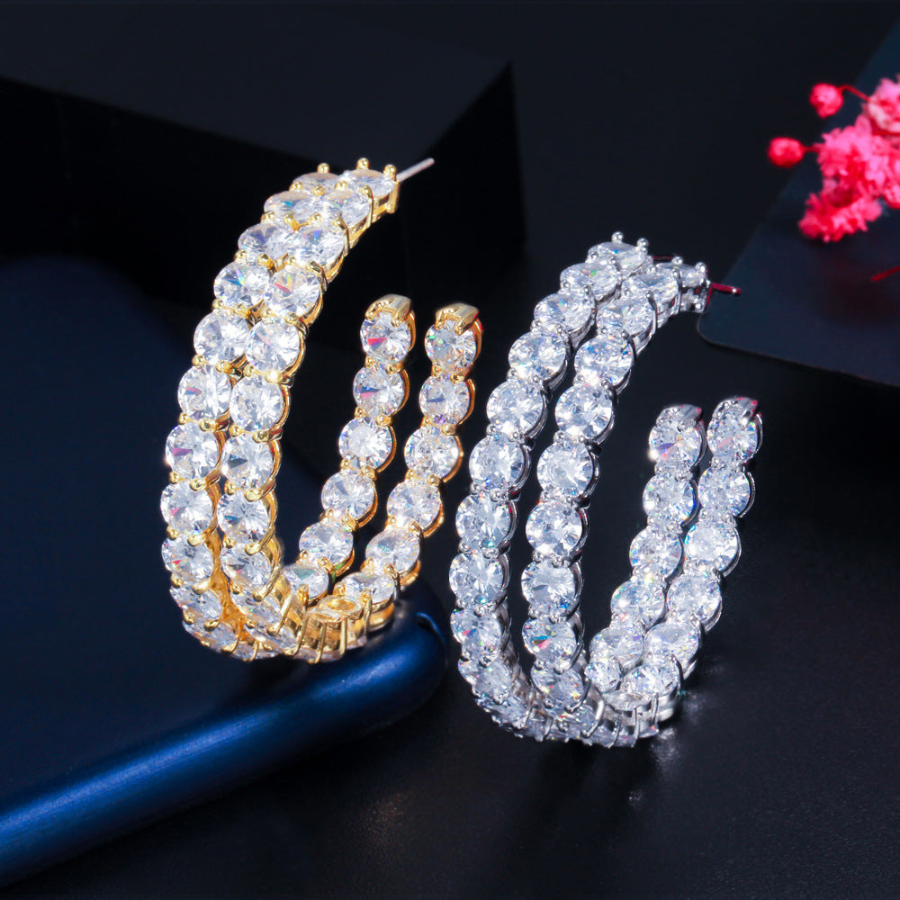 S925 pure silver needle fashion zirconia earrings with large round ear hooks cool style suitable for girls simple and elegant Korean-style earrings