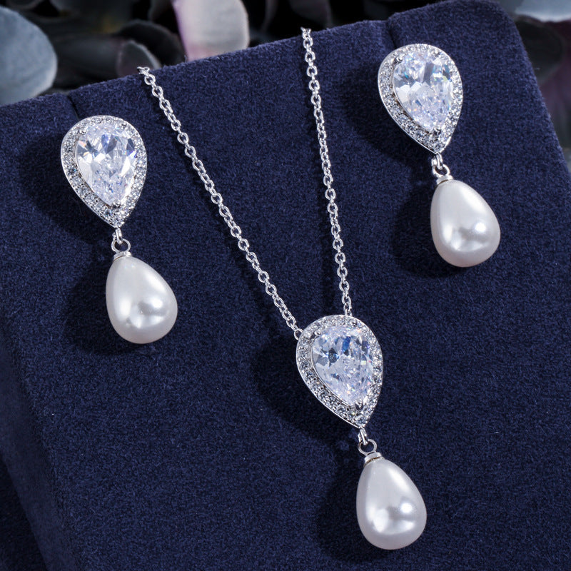 Japanese and Korean light and elegant artistic jewelry set Two-piece set of zircon water-drop pearl pendant earrings