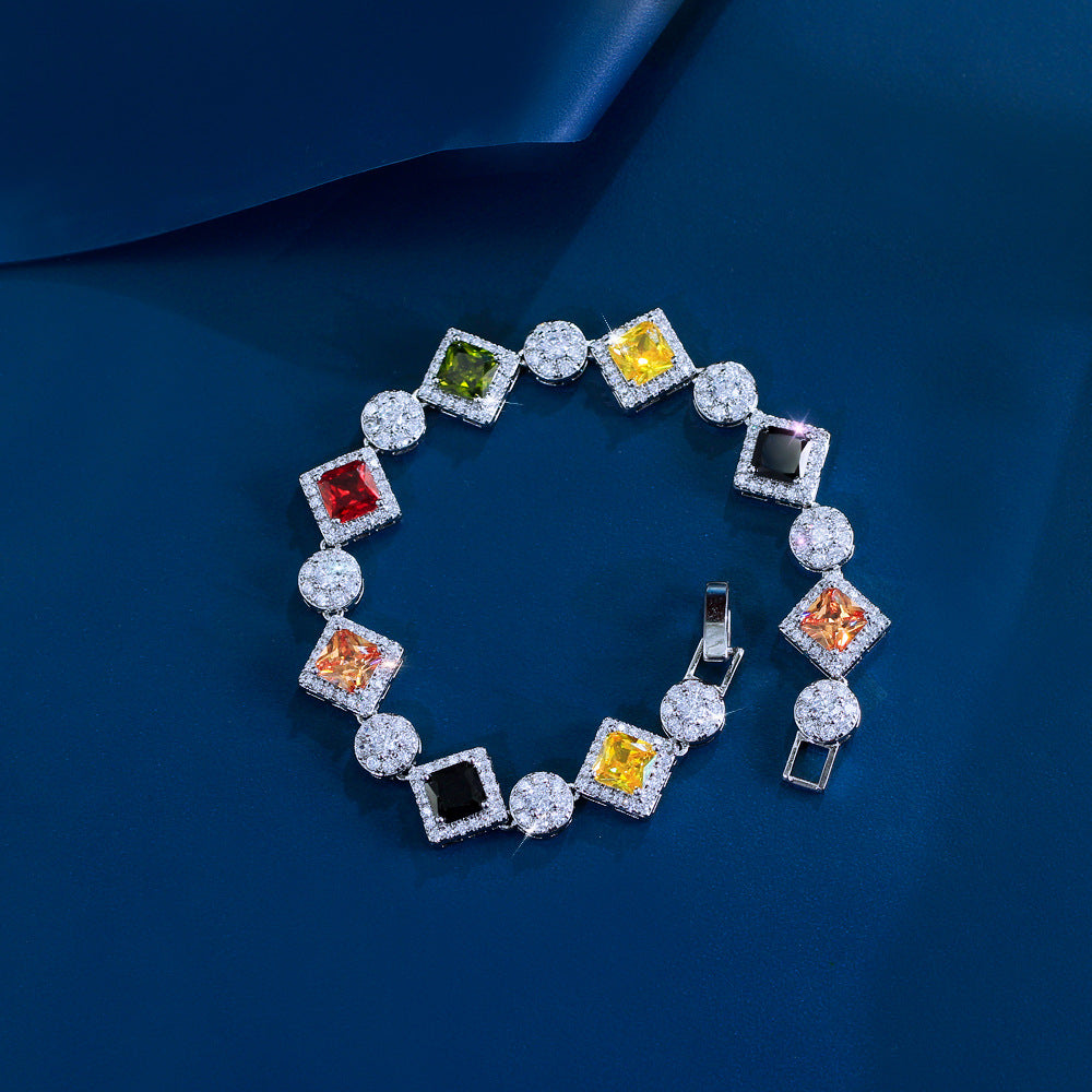 Luxury-luxurious French niche design sugar cube with colorful gemstones geometric-shaped hand chain fashionable and elegant high-end zircon jewelry accessory