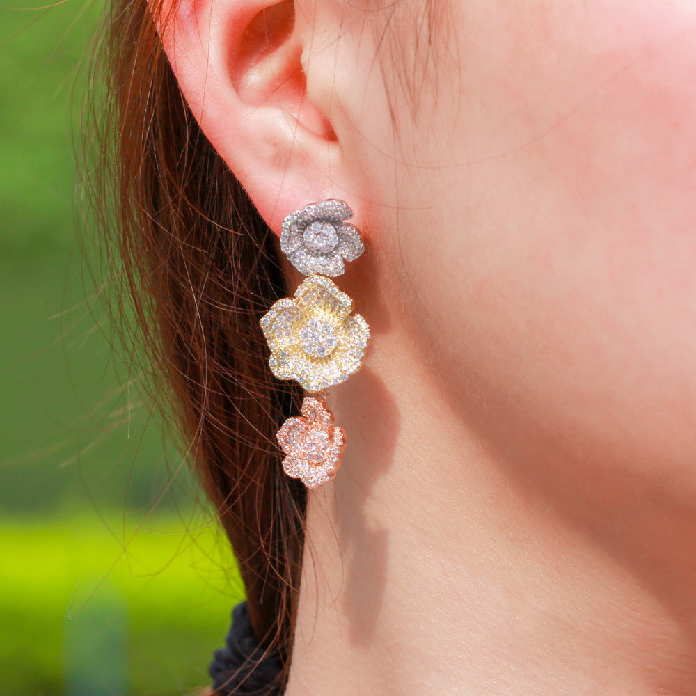 Korean style fashionable zircon long-stemmed three-dimensional flower S925 silver stud earrings in three colors - rose flower earrings accessory