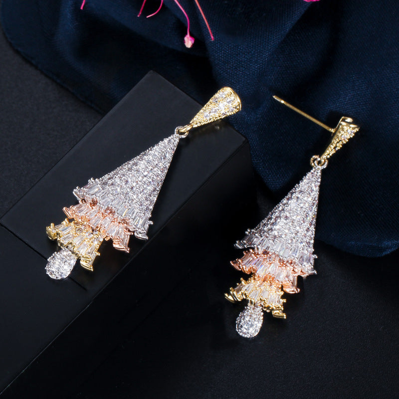 Guangzhou Popular Accessories - European-style Micro-Inset Zirconia Three-Color Crafted Three-Dimensional Skirt Earrings Christmas Tree Earrings Manufacturer