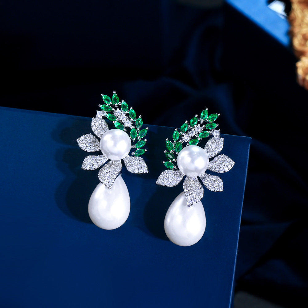 S925 silver needle luxury three-dimensional pearl flower style national trend ear jewelry new Chinese style zirconium stone inlaid pearl earrings