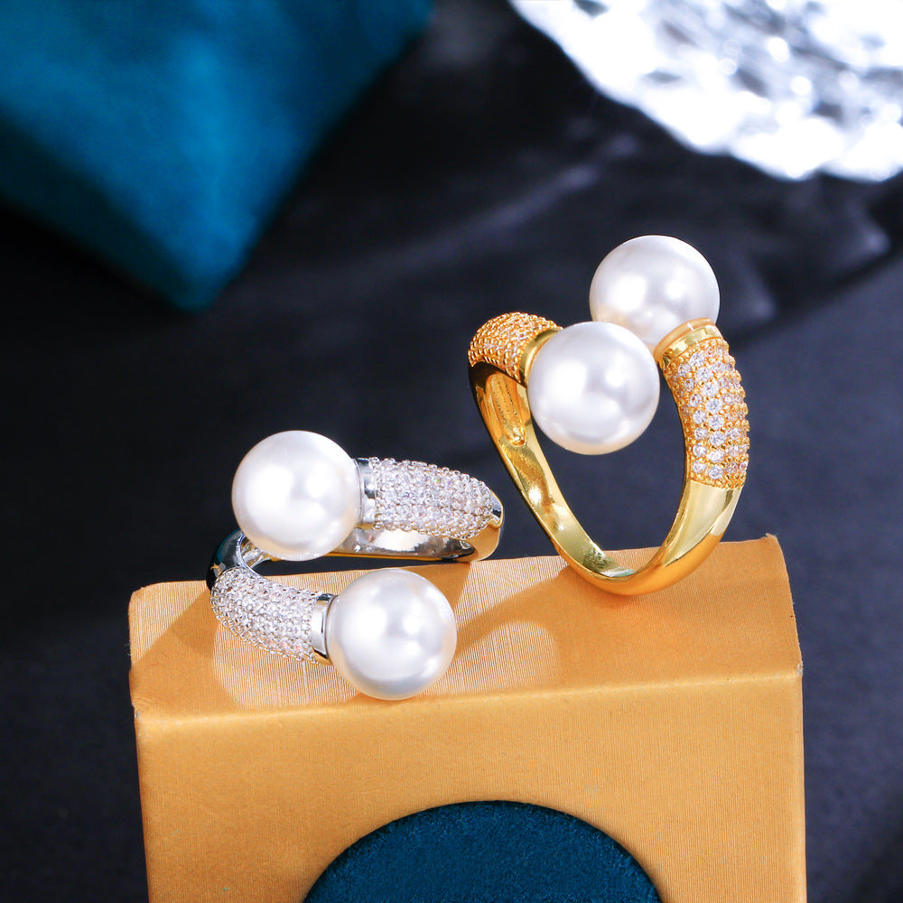 Korean version of minimalist and niche-style simple double-pearl open ring with micro-set zirconia popular on live-streaming versatile accessory for all occasions