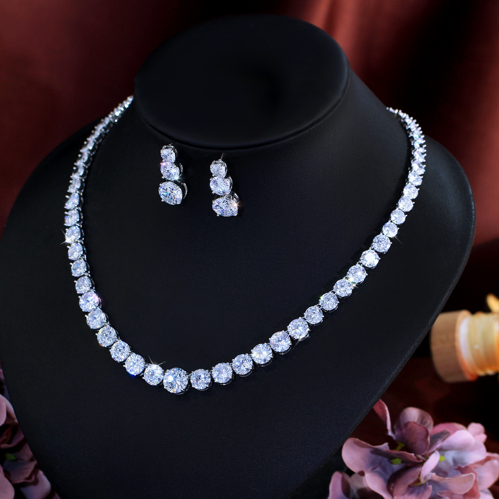 European and American fashion full-diamond zirconia bridal necklace and earrings set wedding dress evening party accessories jewelry