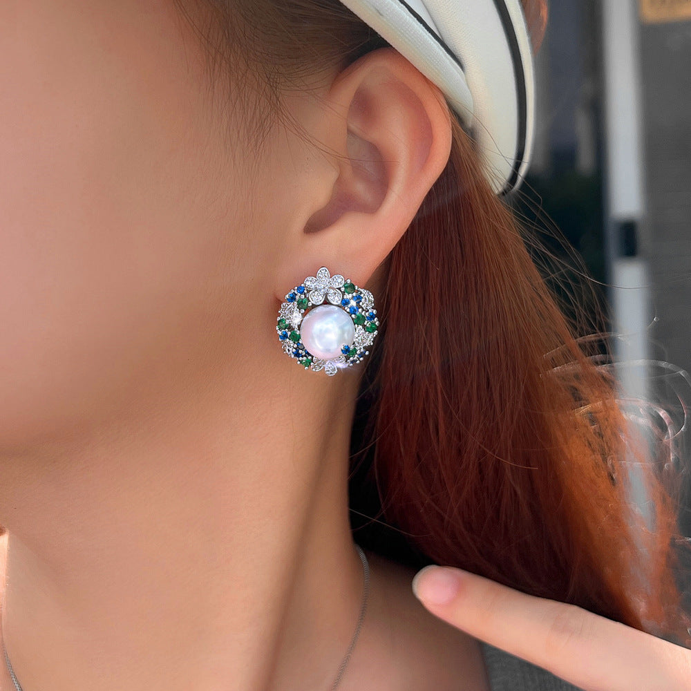 S925 silver filigree light luxury emerald sunflower pearl earrings - a unique piece featuring zirconium stone inlaid flower-shaped earrings