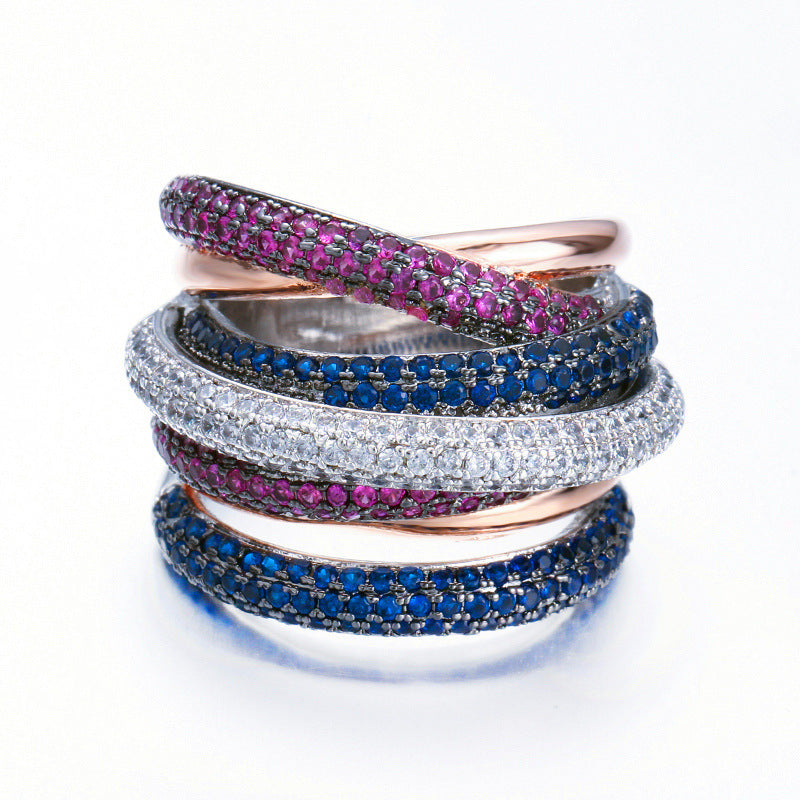 European and American personalized creative ring with micro-set five-row AAA zirconia stonesGuaranteed color stability